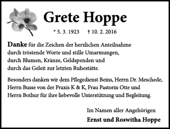 Traueranzeige von Grete Hoppe von Neue Deister-Zeitung