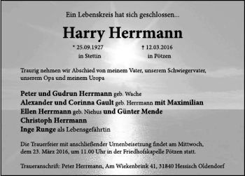 Traueranzeige von Harry Herrmann von Deister- und Weserzeitung