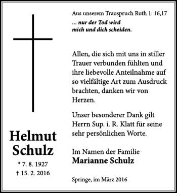 Traueranzeige von Helmut Schulz von Neue Deister-Zeitung
