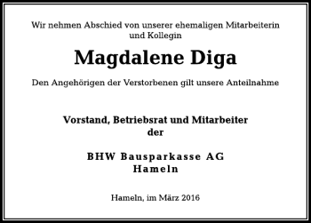 Traueranzeige von Magdalene Diga von Deister- und Weserzeitung