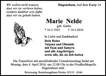 Traueranzeige von Marie Nelde. von Deister- und Weserzeitung