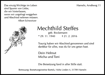 Traueranzeige von Mechthild Steffes von Deister- und Weserzeitung