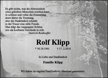 Traueranzeige von Rolf Klipp von Deister- und Weserzeitung
