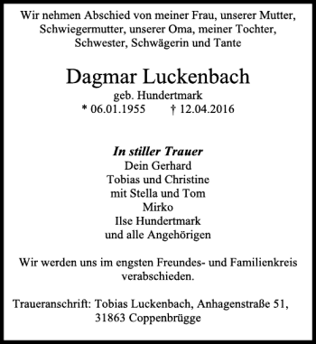 Traueranzeige von Dagmar Luckenbach von Deister- und Weserzeitung