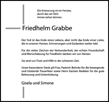 Traueranzeige von Friedhelm Grabbe von Deister- und Weserzeitung