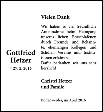 Traueranzeige von Gottfried Hetzer von Deister- und Weserzeitung