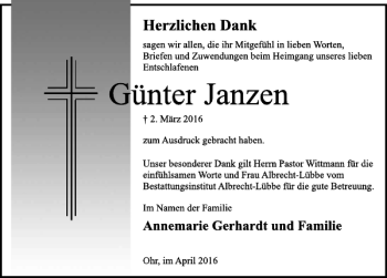 Traueranzeige von Günter Janzen von Deister- und Weserzeitung