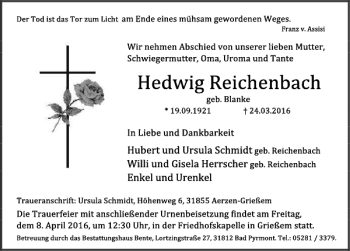 Traueranzeige von Hedwig Reichenbach von Deister- und Weserzeitung