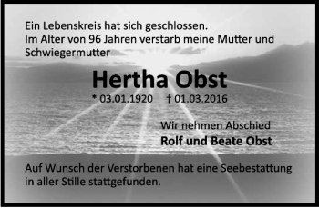 Traueranzeige von Hertha Obst von Deister- und Weserzeitung