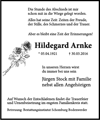 Traueranzeige von Hildegard Arnke von Deister- und Weserzeitung