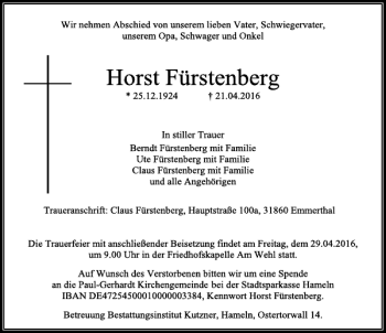 Traueranzeige von Horst Fürstenberg von Deister- und Weserzeitung