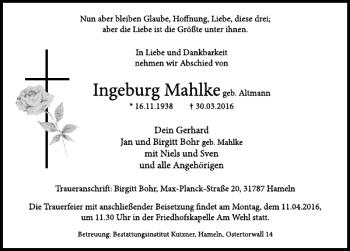 Traueranzeige von Ingeburg Mahlke von Deister- und Weserzeitung