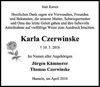 Traueranzeige von Karla Czerwinske von Deister- und Weserzeitung