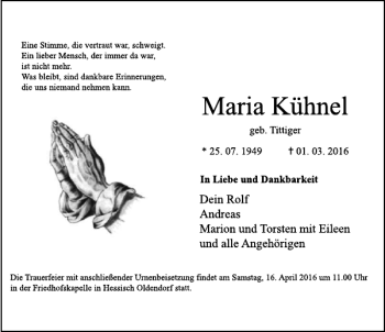 Traueranzeige von Maria Kühnel von Deister- und Weserzeitung