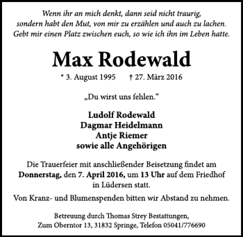 Traueranzeige von Max Rodewald von Neue Deister-Zeitung
