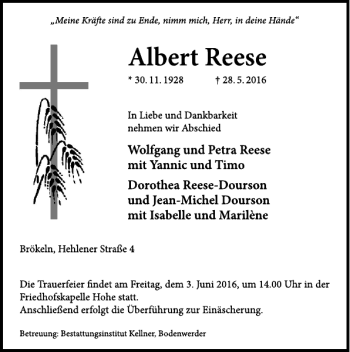 Traueranzeige von Albert Reese von Deister- und Weserzeitung