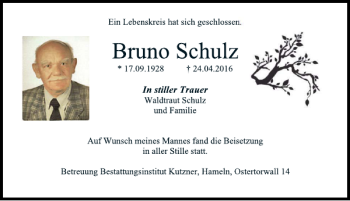 Traueranzeige von Bruno Schulz von Deister- und Weserzeitung