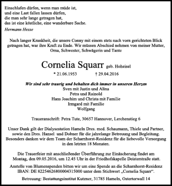 Traueranzeige von Cornelia Squarr von Deister- und Weserzeitung