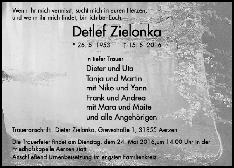 Traueranzeige für Detlef Zielonka vom 21.05.2016 aus Deister- und Weserzeitung