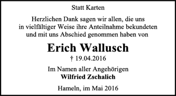 Traueranzeige von Erich Wallusch von Deister- und Weserzeitung