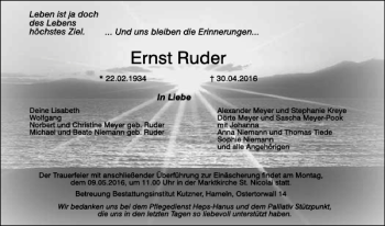 Traueranzeige von Ernst Ruder von Deister- und Weserzeitung
