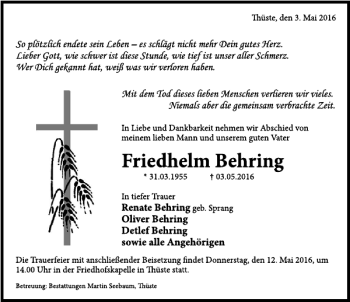 Traueranzeige von Friedhelm Behring von Deister- und Weserzeitung