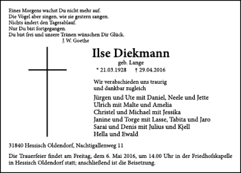 Traueranzeige von Ilse Diekmann von Deister- und Weserzeitung