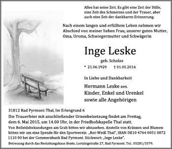 Traueranzeige von Inge Leske von Deister- und Weserzeitung