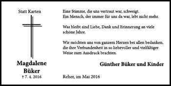 Traueranzeige von Magdalene Büker von Deister- und Weserzeitung
