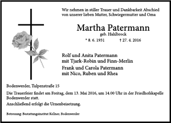 Traueranzeige von Martha Patermann von Deister- und Weserzeitung