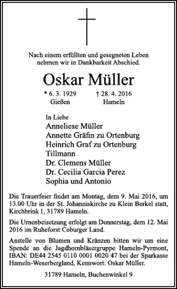 Traueranzeige von Oskar Müller von Deister- und Weserzeitung