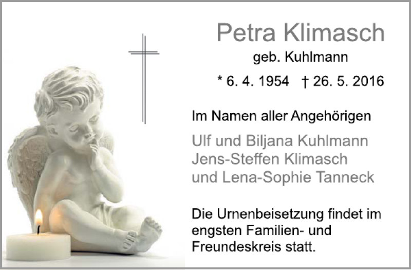  Traueranzeige für Petra Klimasch vom 28.05.2016 aus Deister- und Weserzeitung