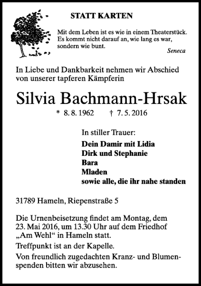  Traueranzeige für Silvia Bachmann-Hrsak vom 18.05.2016 aus Deister- und Weserzeitung