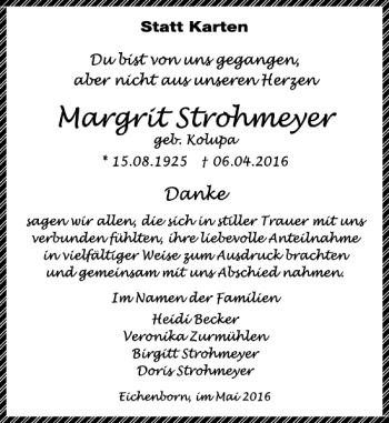 Traueranzeige von TD Margit Strohmeyer von Deister- und Weserzeitung