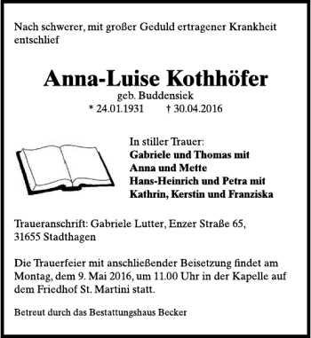 Traueranzeige von Trauer Anna-Luise Kothh von Deister- und Weserzeitung