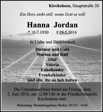 Traueranzeige von Hanna Jordan von Deister- und Weserzeitung