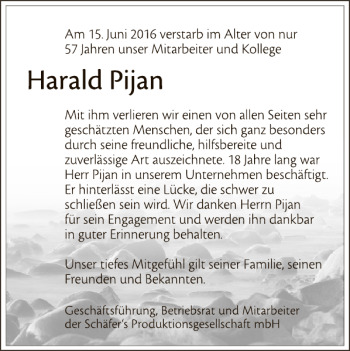 Traueranzeige von Harald Pijan Nachruf von Deister- und Weserzeitung