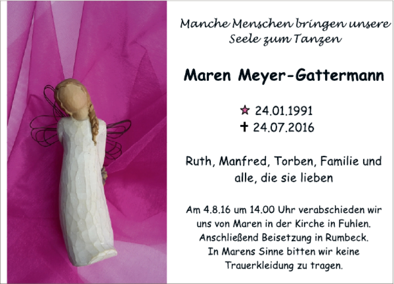  Traueranzeige für Maren Meyer-Gattermann vom 30.07.2016 aus Deister- und Weserzeitung