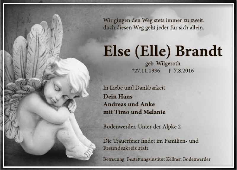  Traueranzeige für Else Brandt vom 13.08.2016 aus Deister- und Weserzeitung