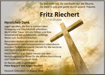 Traueranzeige von Fritz Riechert von Deister- und Weserzeitung