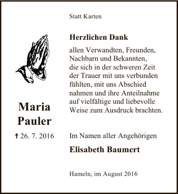 Traueranzeige von Maria Pauler von Deister- und Weserzeitung