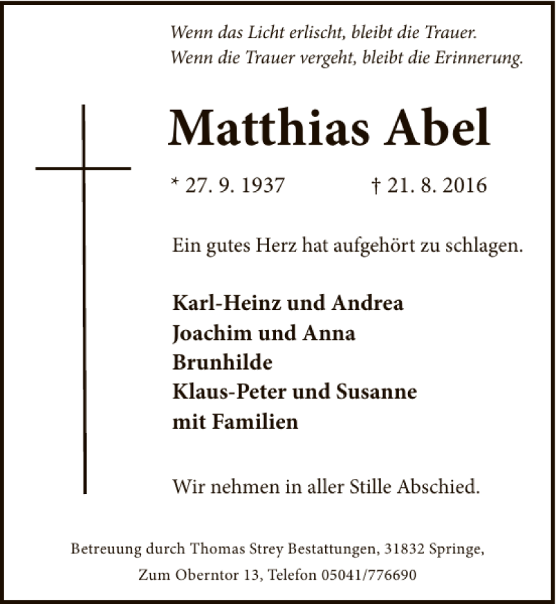  Traueranzeige für Matthias Abel vom 31.08.2016 aus Neue Deister-Zeitung