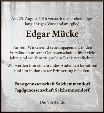 Traueranzeige von Edgar Mücke von Deister- und Weserzeitung