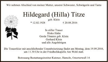 Traueranzeige von Hildegard Titze von Deister- und Weserzeitung