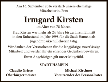 Traueranzeige von Irmgard Kirsten von Deister- und Weserzeitung