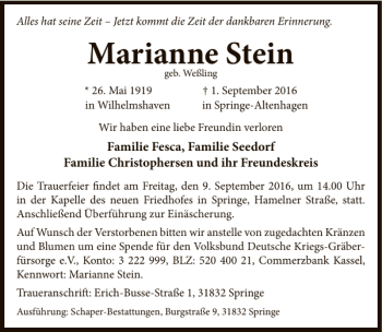 Traueranzeigen von Marianne Stein | Trauerportal Ihrer Tageszeitung