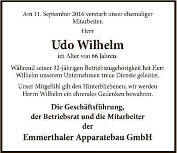 Traueranzeige von Udo Wilhelm von Deister- und Weserzeitung