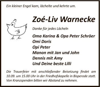 Traueranzeige von Zoé-Liv Warnecke von Deister- und Weserzeitung