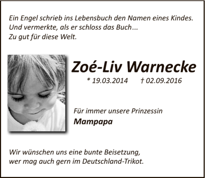  Traueranzeige für Zoé-Liv Warnecke vom 06.09.2016 aus Deister- und Weserzeitung