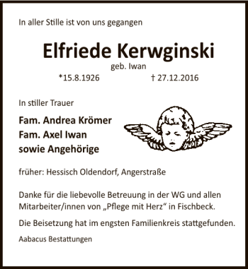 Traueranzeige von Elfriede Kerwginski von Deister- und Weserzeitung